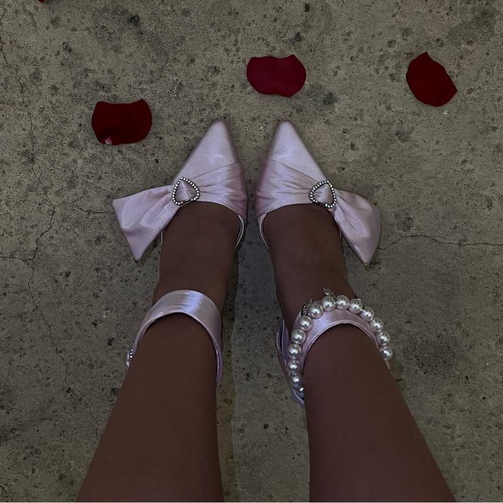 Elegant Pink Satin Women's Shoes with Bow and Pearl Detail